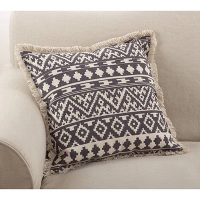 20"x20" Oversize Aztec Print Square Throw Pillow With Fringes Gray - Saro Lifestyle 4 20"x20" Oversize Aztec Print Square Throw Pillow With Fringes Gray - Saro Lifestyle - Image 2
