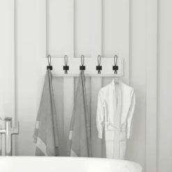 Flash Furniture Daly Wall Mounted 24 Inch Solid White Solid Pine Wood Storage Rack With 5 Hooks For Entryway, Kitchen, Bathroom -Home Decoration Series GUEST ecd094fe 3fa1 4898 9f07 d0dad466dd6e