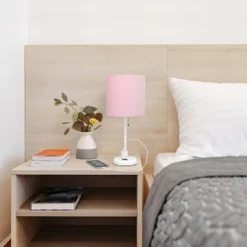 19.5" Bedside Power Outlet Base Metal Table Desk Lamp In White With Light Pink Fabric Shade - Creekwood Home -Home Decoration Series GUEST f0c1402c 516d 4f81 9db9 8fbca4e90ac3