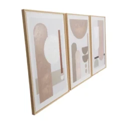 Set Of 3 Canvas Abstract Mid-Century Modern Geometric Framed Wall Arts With Brown Accent Pink - The Novogratz
